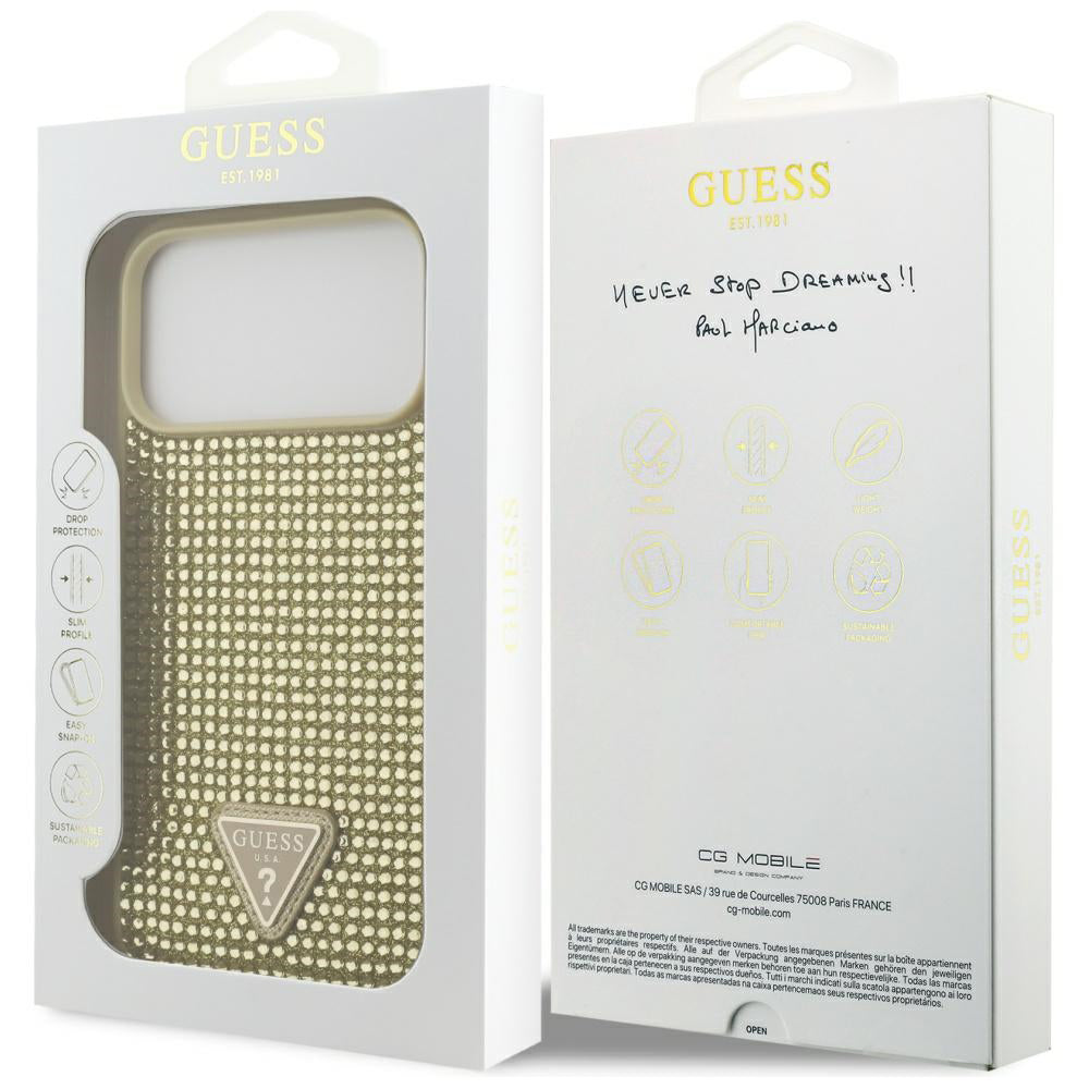 Hoes voor Apple iPhone 17 Pro, Guess, Rhinestone Triangle Logo, Goud