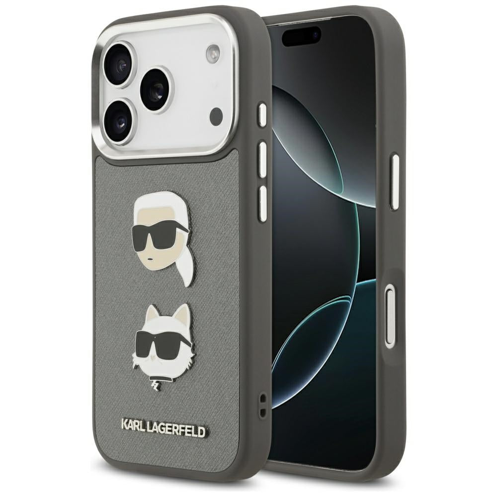 Housse pour Apple iPhone 17 Pro, Karl Lagerfeld, Grained Karl & Choupette's Heads Pins and Logo, Gris