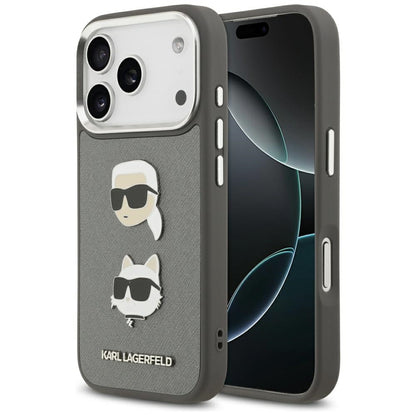 Housse pour Apple iPhone 17 Pro, Karl Lagerfeld, Grained Karl & Choupette's Heads Pins and Logo, Gris