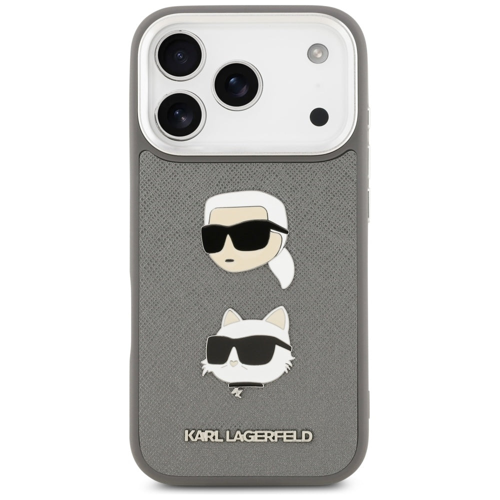 Housse pour Apple iPhone 17 Pro, Karl Lagerfeld, Grained Karl & Choupette's Heads Pins and Logo, Gris
