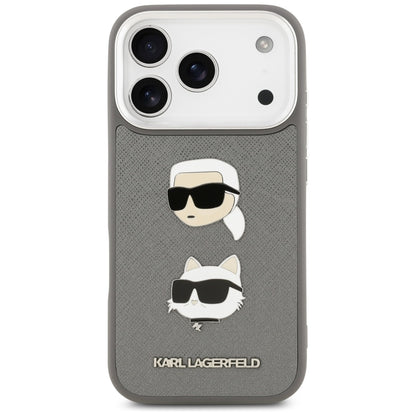 Housse pour Apple iPhone 17 Pro, Karl Lagerfeld, Grained Karl & Choupette's Heads Pins and Logo, Gris