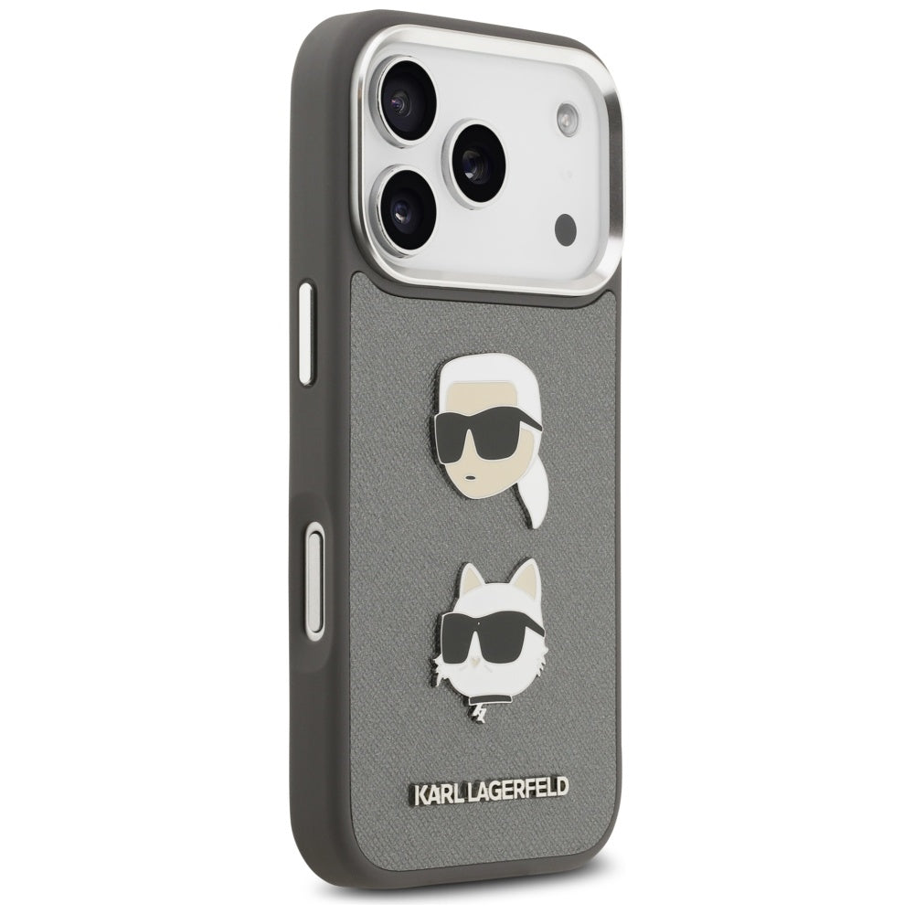 Housse pour Apple iPhone 17 Pro, Karl Lagerfeld, Grained Karl & Choupette's Heads Pins and Logo, Gris