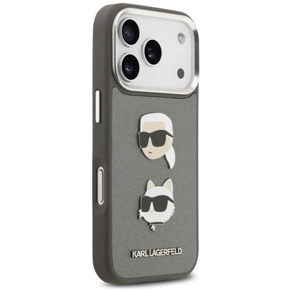 Housse pour Apple iPhone 17 Pro, Karl Lagerfeld, Grained Karl & Choupette's Heads Pins and Logo, Gris