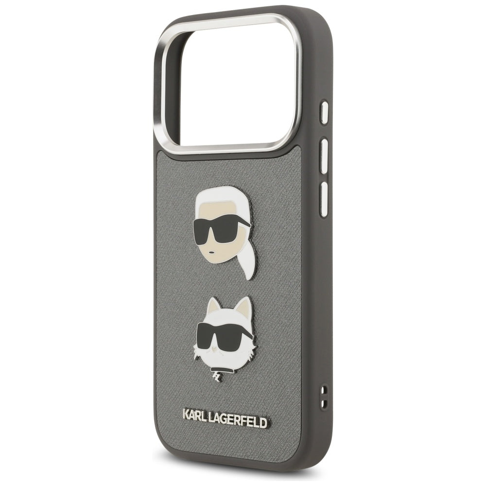 Housse pour Apple iPhone 17 Pro, Karl Lagerfeld, Grained Karl & Choupette's Heads Pins and Logo, Gris