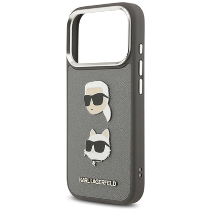 Housse pour Apple iPhone 17 Pro, Karl Lagerfeld, Grained Karl & Choupette's Heads Pins and Logo, Gris