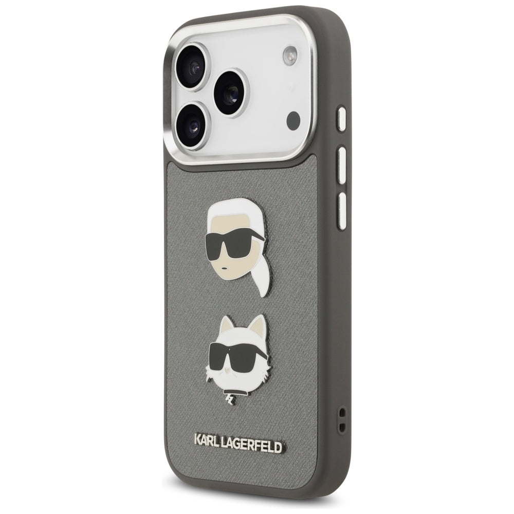 Housse pour Apple iPhone 17 Pro, Karl Lagerfeld, Grained Karl & Choupette's Heads Pins and Logo, Gris