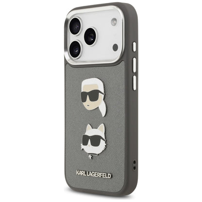 Housse pour Apple iPhone 17 Pro, Karl Lagerfeld, Grained Karl & Choupette's Heads Pins and Logo, Gris