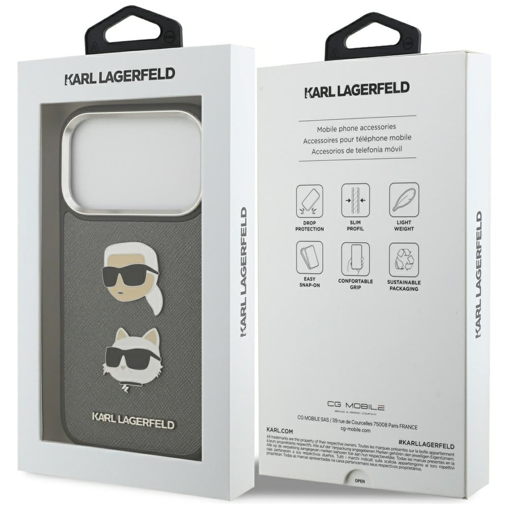 Housse pour Apple iPhone 17 Pro, Karl Lagerfeld, Grained Karl & Choupette's Heads Pins and Logo, Gris