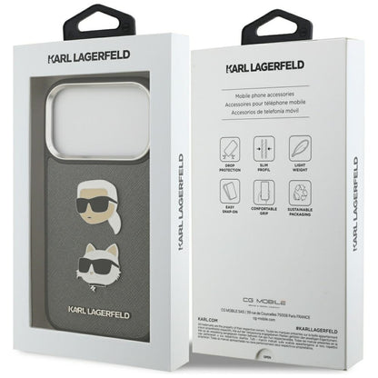 Housse pour Apple iPhone 17 Pro, Karl Lagerfeld, Grained Karl & Choupette's Heads Pins and Logo, Gris
