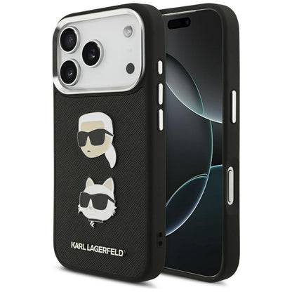 Étui pour Apple iPhone 17 Pro, Karl Lagerfeld, Grained Karl & Choupette's Heads Pins and Logo, Noir