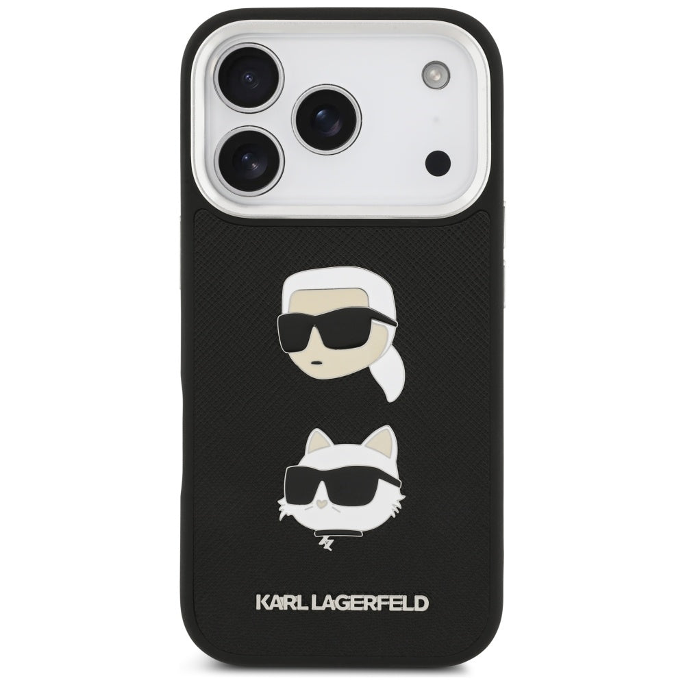Étui pour Apple iPhone 17 Pro, Karl Lagerfeld, Grained Karl & Choupette's Heads Pins and Logo, Noir