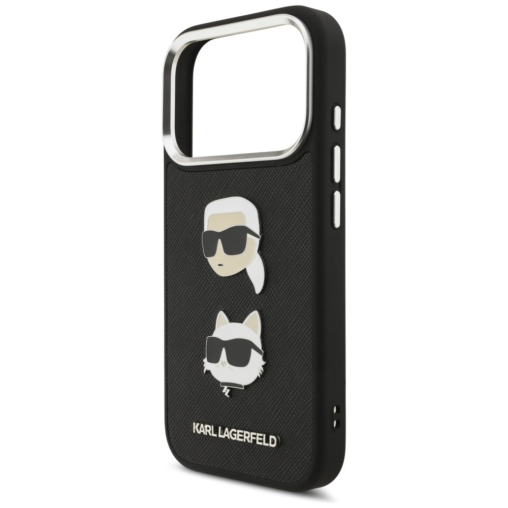 Étui pour Apple iPhone 17 Pro, Karl Lagerfeld, Grained Karl & Choupette's Heads Pins and Logo, Noir