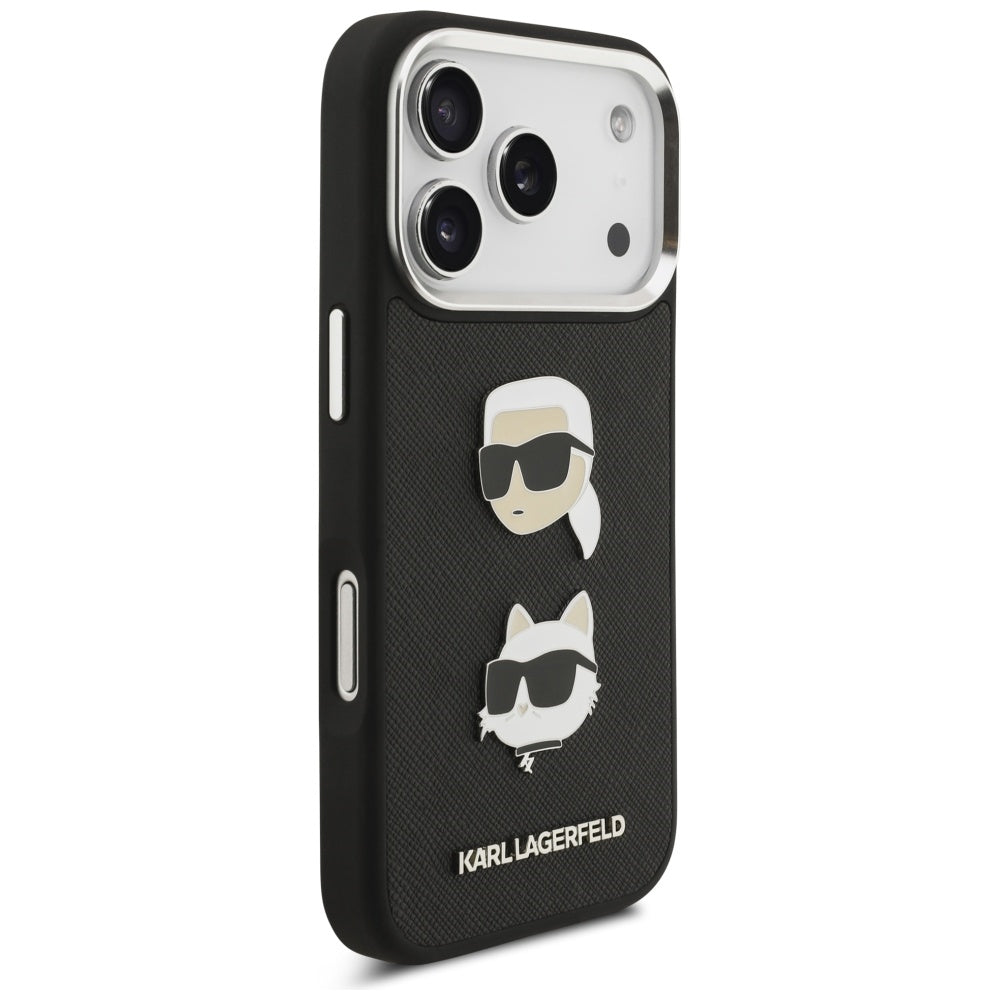 Étui pour Apple iPhone 17 Pro, Karl Lagerfeld, Grained Karl & Choupette's Heads Pins and Logo, Noir