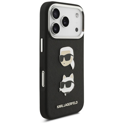 Étui pour Apple iPhone 17 Pro, Karl Lagerfeld, Grained Karl & Choupette's Heads Pins and Logo, Noir
