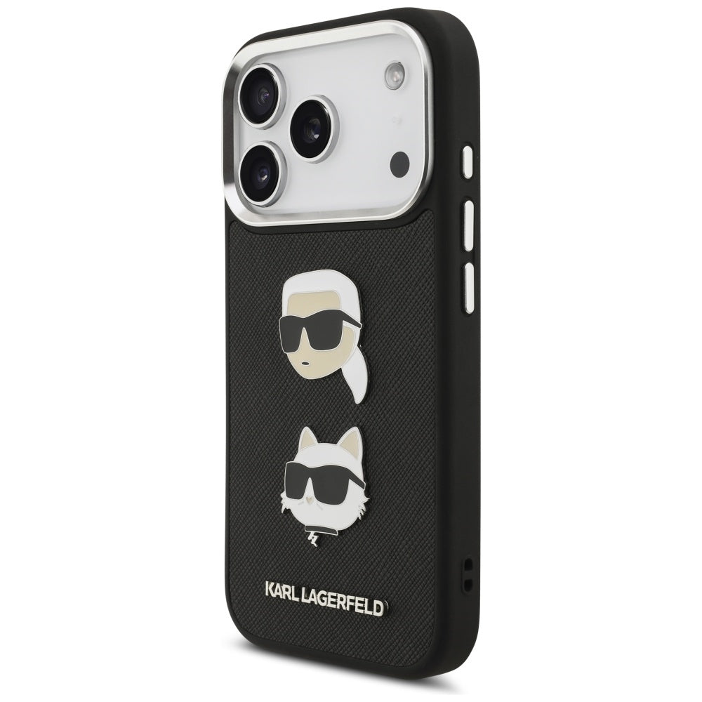 Étui pour Apple iPhone 17 Pro, Karl Lagerfeld, Grained Karl & Choupette's Heads Pins and Logo, Noir