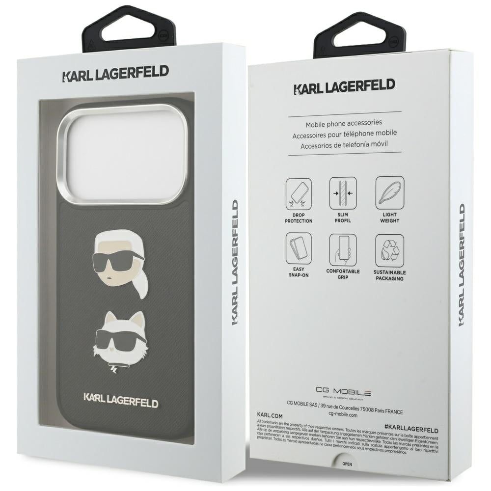 Étui pour Apple iPhone 17 Pro, Karl Lagerfeld, Grained Karl & Choupette's Heads Pins and Logo, Noir