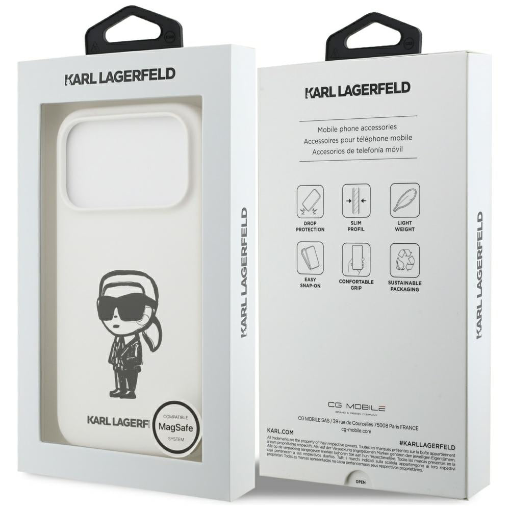 Hoes voor Apple iPhone 17 Pro, Karl Lagerfeld, Sketch en Logo Karl, Wit