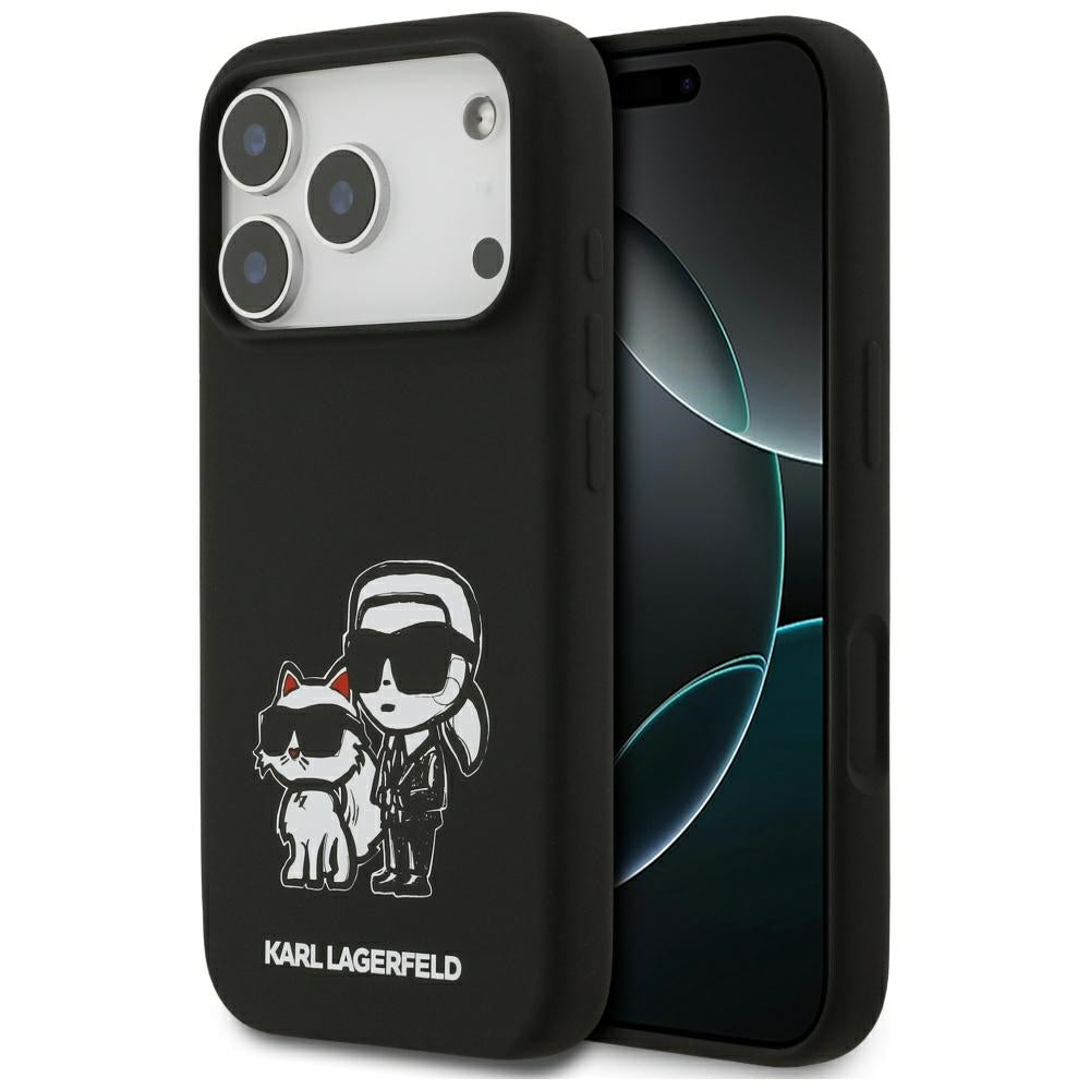 Hoes voor Apple iPhone 17 Pro, Karl Lagerfeld, Sketch and Logo Karl & Choupette, Zwart