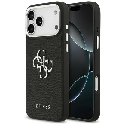 Hülle für Apple iPhone 17 Pro Max, Guess, 4G Grained Big and Classic Logo, Schwarz Silbern