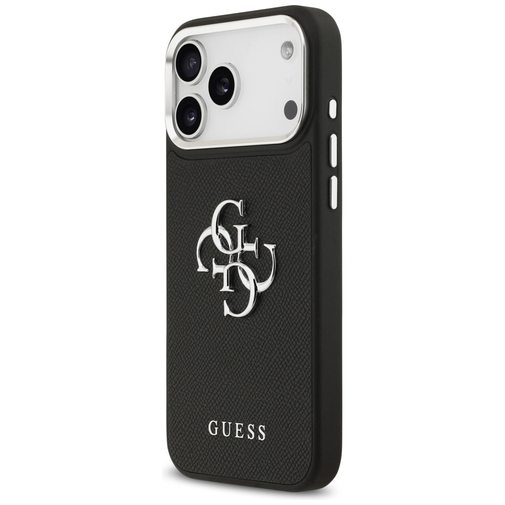 Hülle für Apple iPhone 17 Pro Max, Guess, 4G Grained Big and Classic Logo, Schwarz Silbern