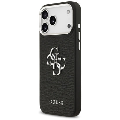 Hülle für Apple iPhone 17 Pro Max, Guess, 4G Grained Big and Classic Logo, Schwarz Silbern