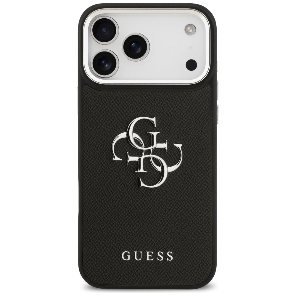 Hülle für Apple iPhone 17 Pro Max, Guess, 4G Grained Big and Classic Logo, Schwarz Silbern