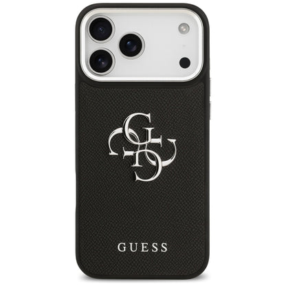 Hülle für Apple iPhone 17 Pro Max, Guess, 4G Grained Big and Classic Logo, Schwarz Silbern