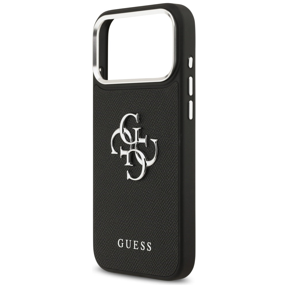 Hülle für Apple iPhone 17 Pro Max, Guess, 4G Grained Big and Classic Logo, Schwarz Silbern