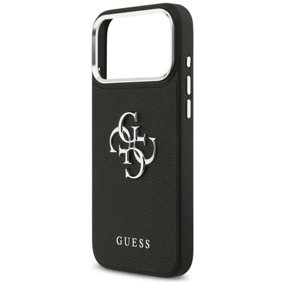 Hülle für Apple iPhone 17 Pro Max, Guess, 4G Grained Big and Classic Logo, Schwarz Silbern