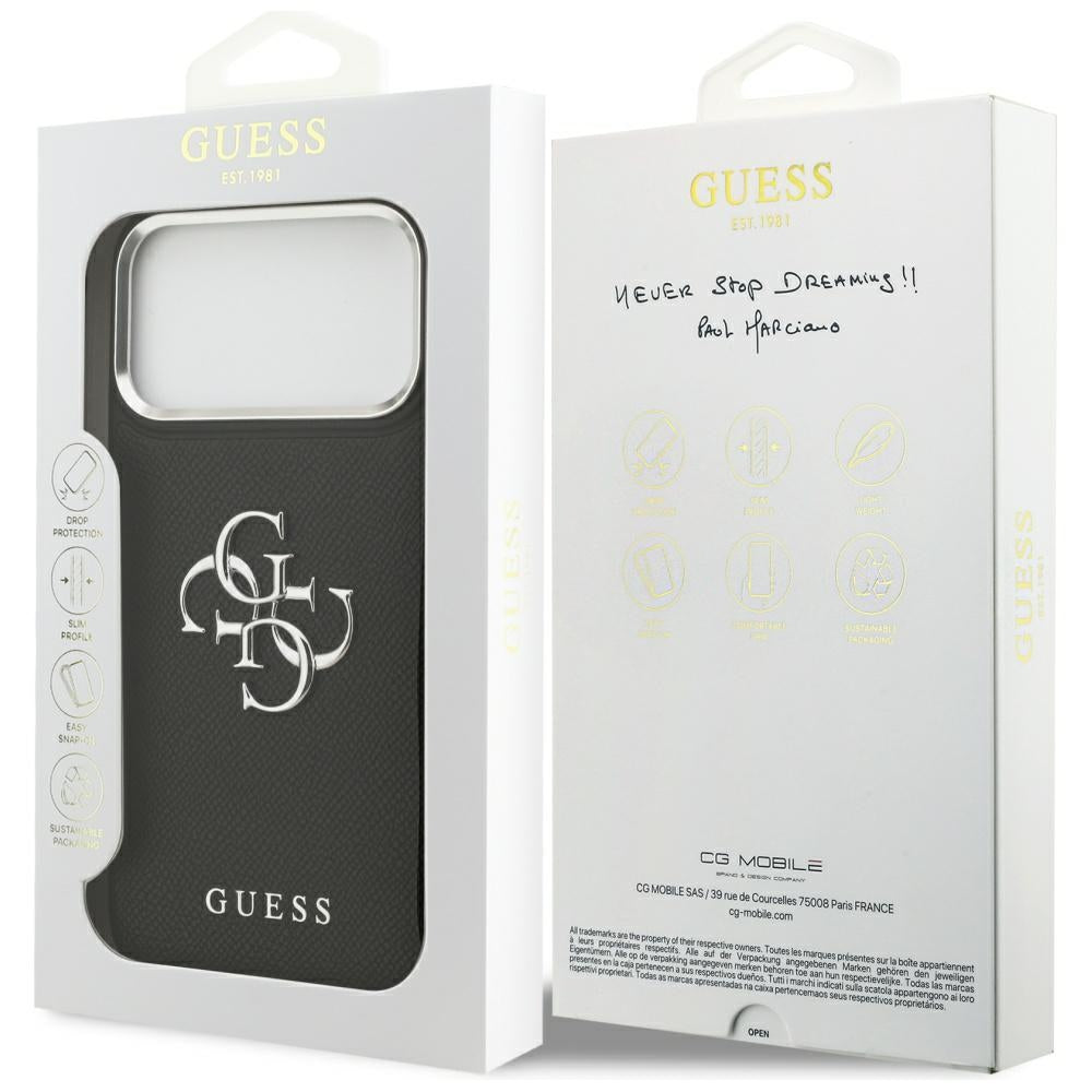 Hülle für Apple iPhone 17 Pro Max, Guess, 4G Grained Big and Classic Logo, Schwarz Silbern