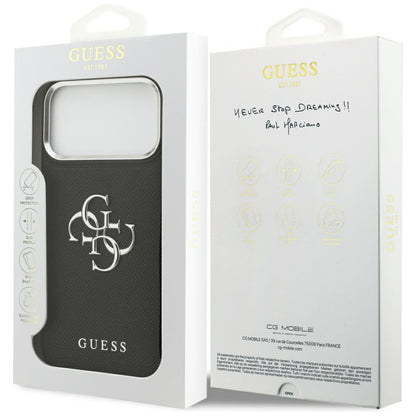 Hülle für Apple iPhone 17 Pro Max, Guess, 4G Grained Big and Classic Logo, Schwarz Silbern