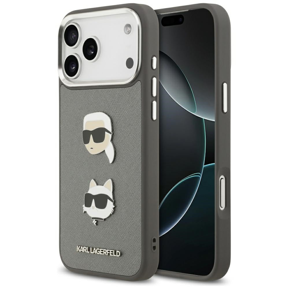 Hoes voor Apple iPhone 17 Pro Max, Karl Lagerfeld, Grained Karl & Choupette's Heads Pins and Logo, Gri