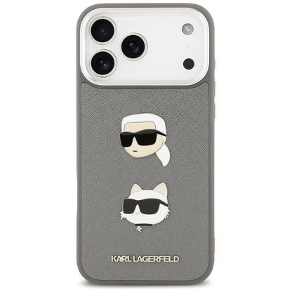 Hoes voor Apple iPhone 17 Pro Max, Karl Lagerfeld, Grained Karl & Choupette's Heads Pins and Logo, Gri