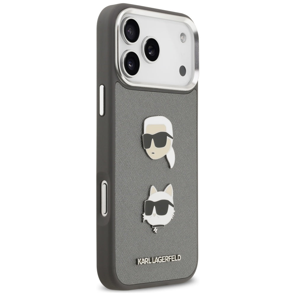 Hoes voor Apple iPhone 17 Pro Max, Karl Lagerfeld, Grained Karl & Choupette's Heads Pins and Logo, Gri