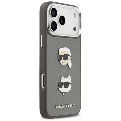 Hoes voor Apple iPhone 17 Pro Max, Karl Lagerfeld, Grained Karl & Choupette's Heads Pins and Logo, Gri