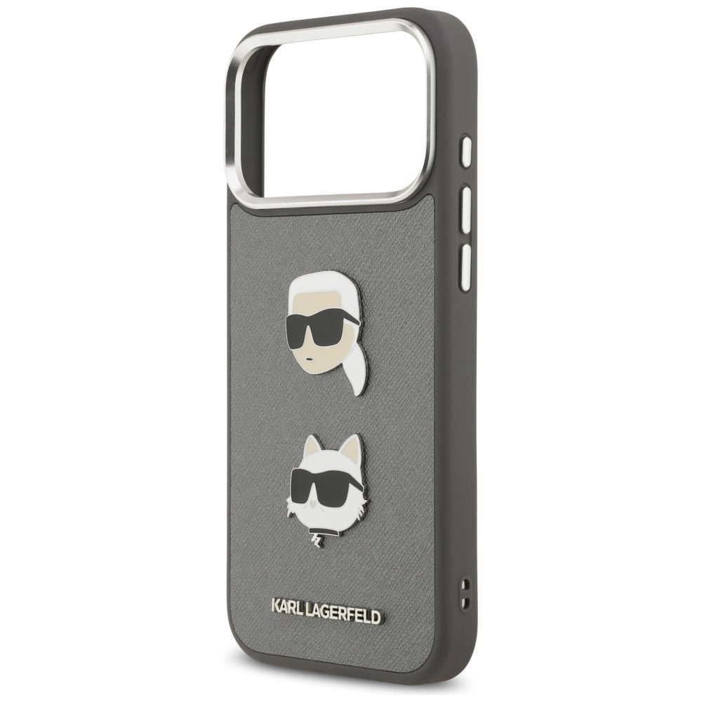 Hoes voor Apple iPhone 17 Pro Max, Karl Lagerfeld, Grained Karl & Choupette's Heads Pins and Logo, Gri