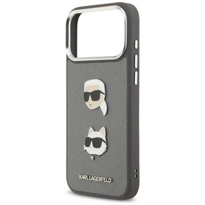Hoes voor Apple iPhone 17 Pro Max, Karl Lagerfeld, Grained Karl & Choupette's Heads Pins and Logo, Gri