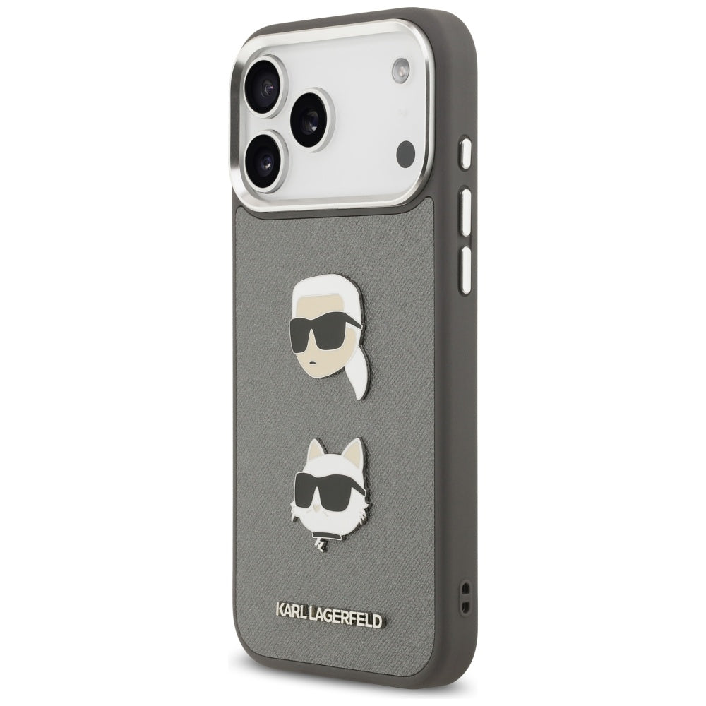 Hoes voor Apple iPhone 17 Pro Max, Karl Lagerfeld, Grained Karl & Choupette's Heads Pins and Logo, Gri