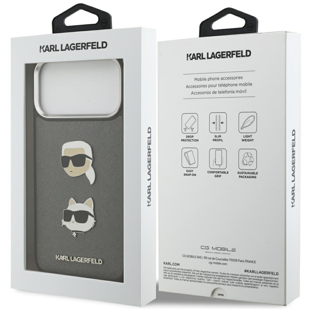 Hoes voor Apple iPhone 17 Pro Max, Karl Lagerfeld, Grained Karl & Choupette's Heads Pins and Logo, Gri