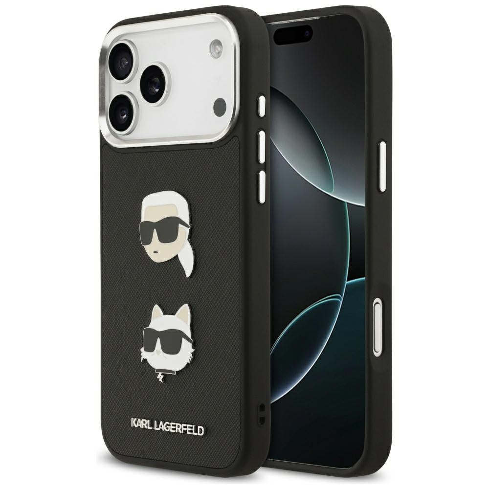 Hoes voor Apple iPhone 17 Pro Max, Karl Lagerfeld, Grained Karl & Choupette's Heads Pins and Logo, Zwart