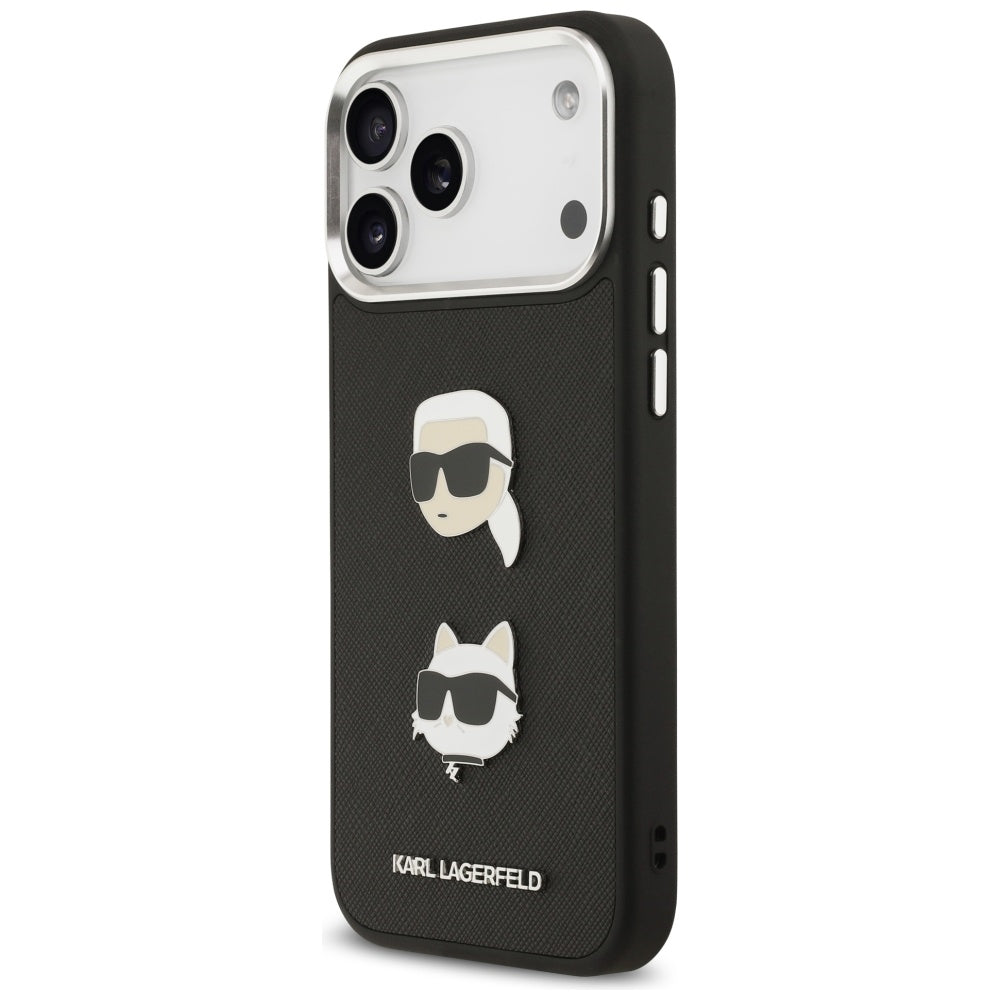 Hoes voor Apple iPhone 17 Pro Max, Karl Lagerfeld, Grained Karl & Choupette's Heads Pins and Logo, Zwart