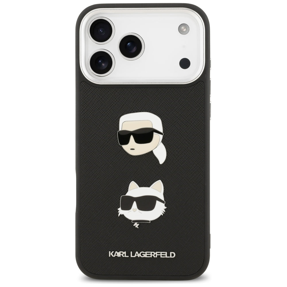 Hoes voor Apple iPhone 17 Pro Max, Karl Lagerfeld, Grained Karl & Choupette's Heads Pins and Logo, Zwart