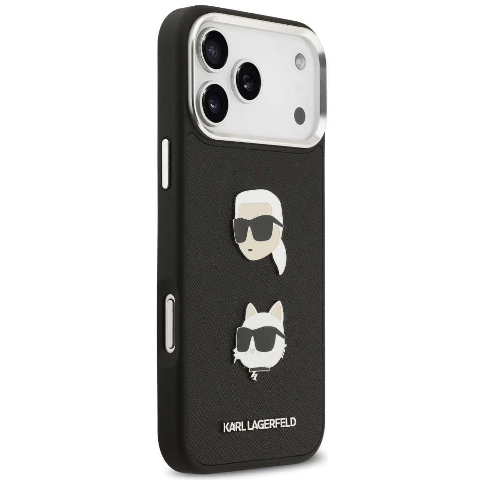 Hoes voor Apple iPhone 17 Pro Max, Karl Lagerfeld, Grained Karl & Choupette's Heads Pins and Logo, Zwart