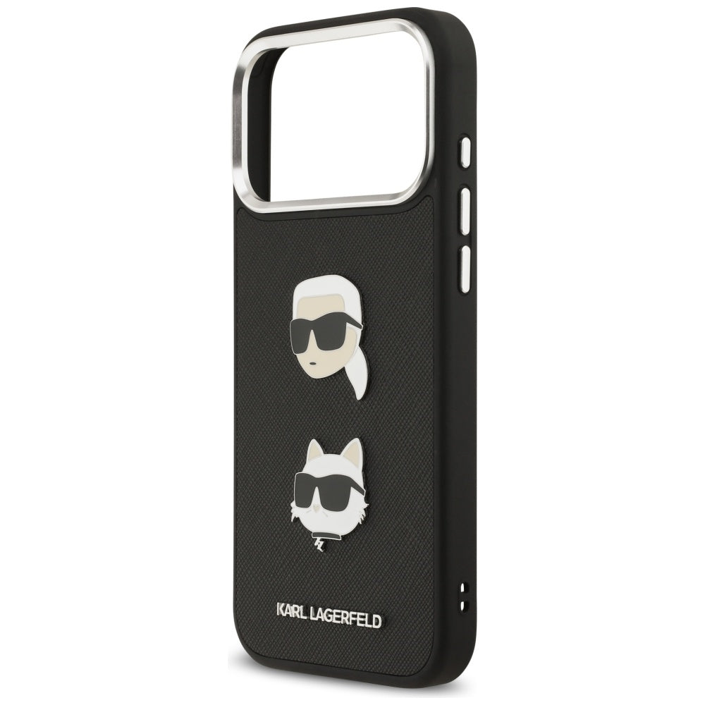 Hoes voor Apple iPhone 17 Pro Max, Karl Lagerfeld, Grained Karl & Choupette's Heads Pins and Logo, Zwart