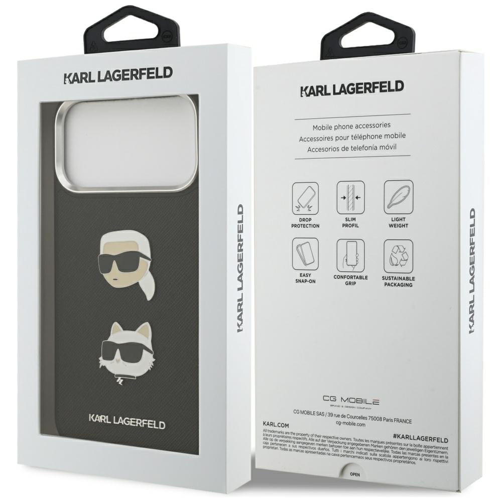Hoes voor Apple iPhone 17 Pro Max, Karl Lagerfeld, Grained Karl & Choupette's Heads Pins and Logo, Zwart