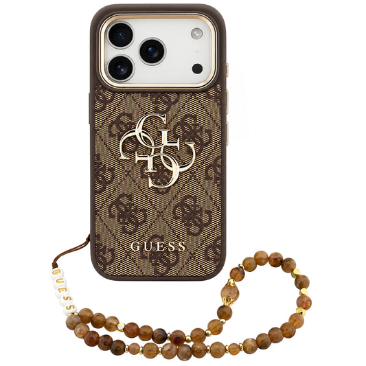 Hoesje voor Apple iPhone 18 Pro / 17 Pro, Guess, 4G Classic Logo with Strap, goudbruin