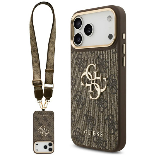 Étui pour Apple iPhone 18 Pro / 17 Pro, Guess, Big 4G Classic Logo & Big Strap Metal Buttons, marron