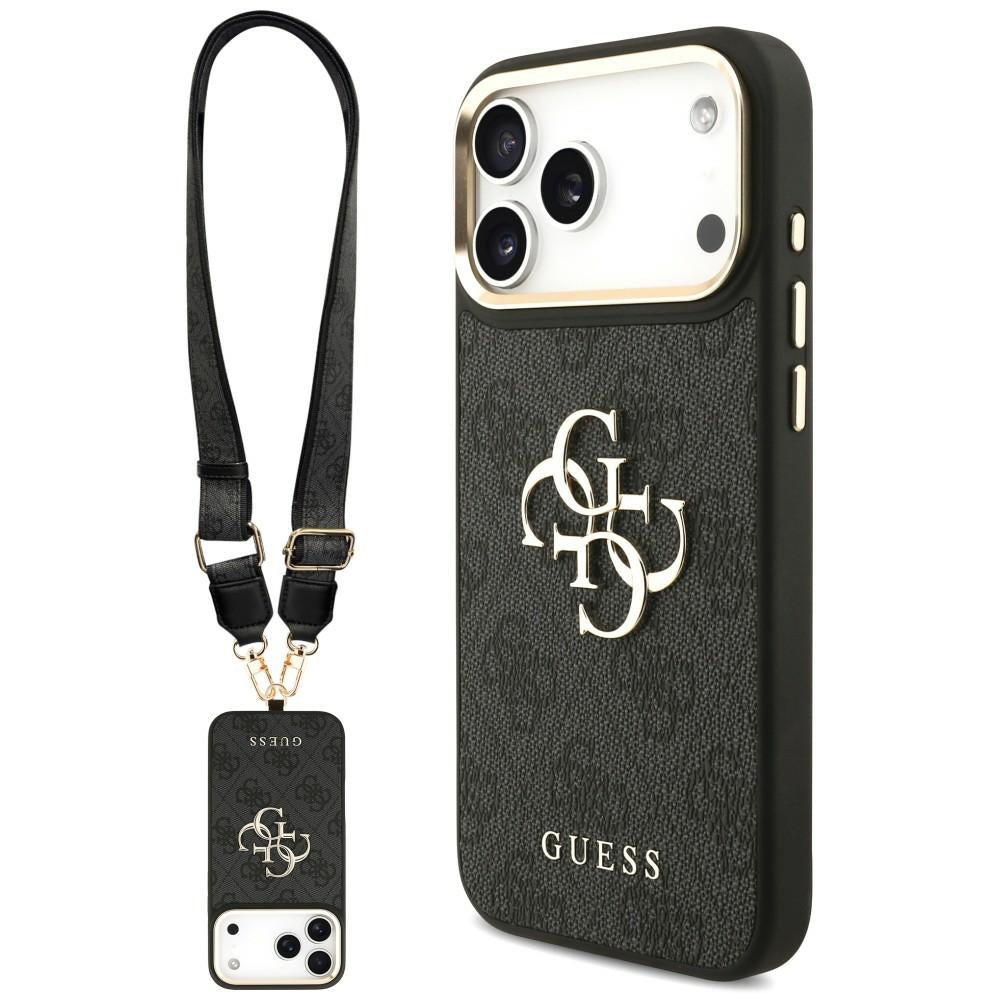 Coque pour Apple iPhone 18 Pro / 17 Pro, Guess, Big 4G Classic Logo & Big Strap Metal Buttons, noire