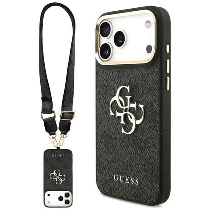 Coque pour Apple iPhone 18 Pro / 17 Pro, Guess, Big 4G Classic Logo & Big Strap Metal Buttons, noire