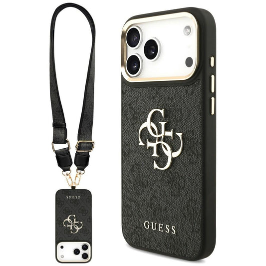 Coque pour Apple iPhone 18 Pro / 17 Pro, Guess, Big 4G Classic Logo & Big Strap Metal Buttons, noire
